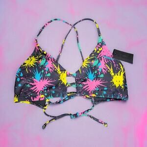 NWT OCEAN BLUES Paint Party Retro Bikini Top Black Made is‎ USA Women's Size M